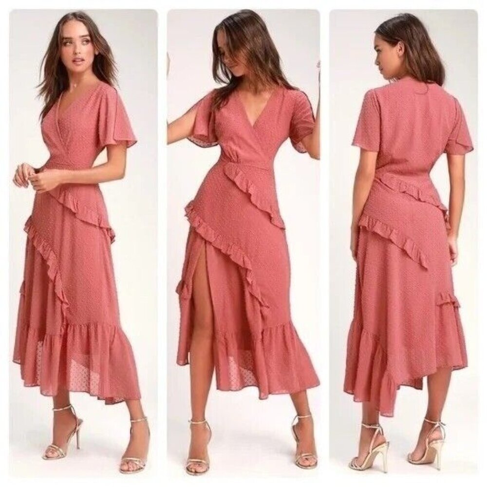 LULU'S Next To You Rose Swiss Dot Ruffled Lined Midi Dress P4003